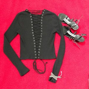 Lush Black Lace-Up Crop Sweater